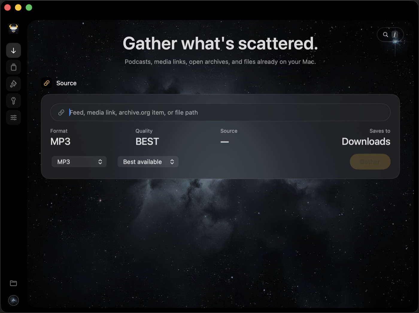 The Kimah window in dark mode, showing the source field, format, quality and the Gather button.